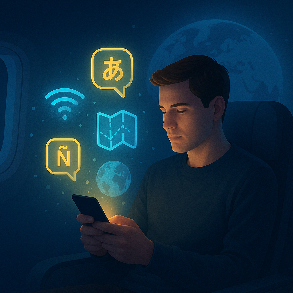 Traveler using AITravelHero offline mode in airplane or remote area