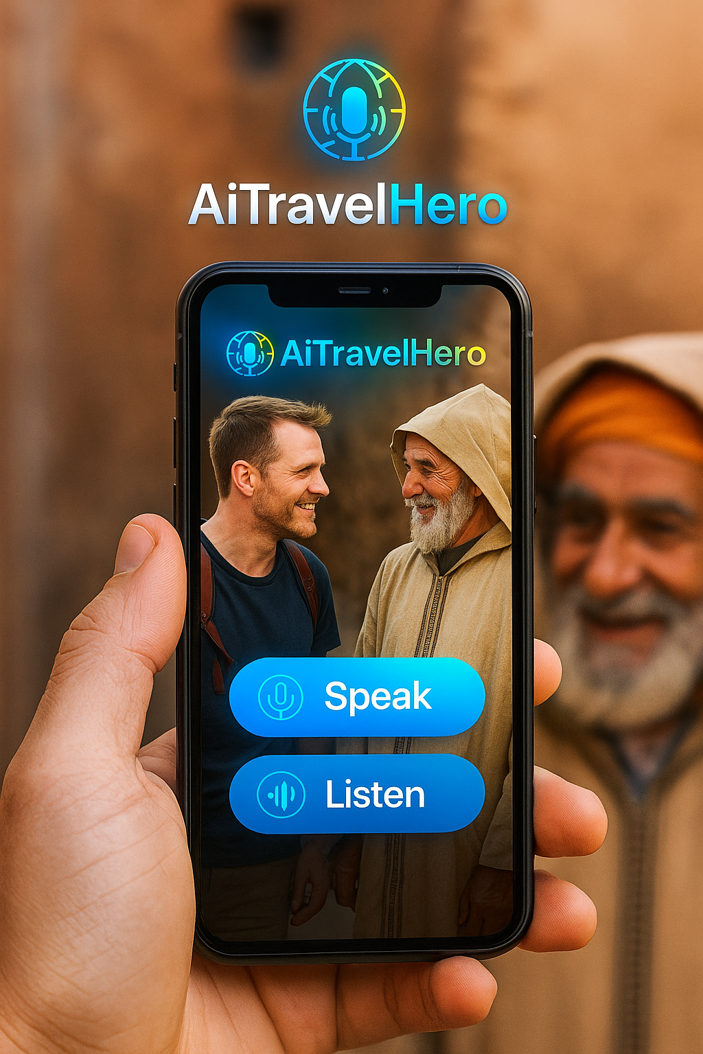 AITravelHero Speak & Listen interface on smartphone